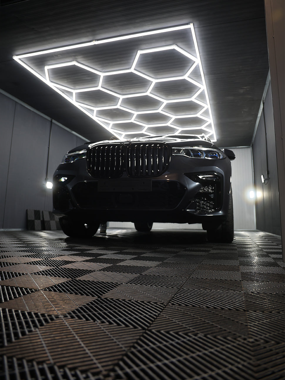 LED Hex lighting and modular vented garage or workshop flooring