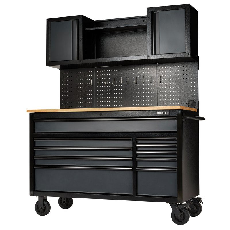 BUNKER® 10 Drawer Roller Workstation with Workbench, 56", Grey