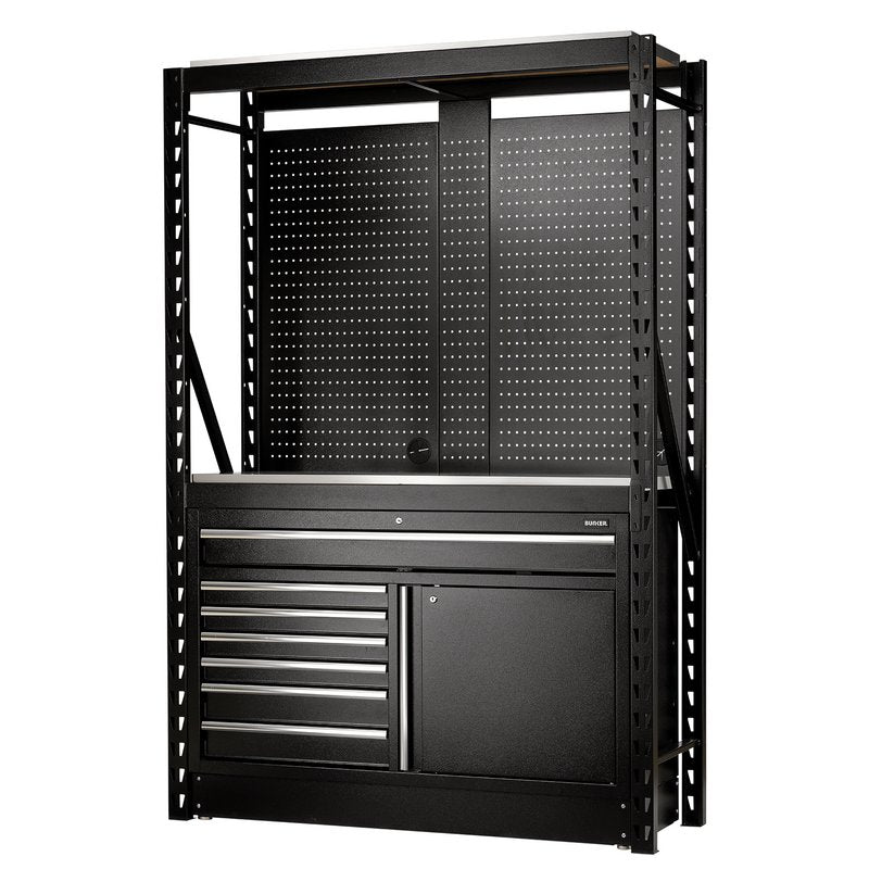 BUNKER® 14 Piece Modular Storage Combo 2 Tier Racking with Pegboards and Floor Cabinet, 1500mm
