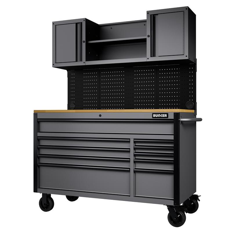 BUNKER® 10 Drawer Roller Workstation with Workbench, 56", Light Grey